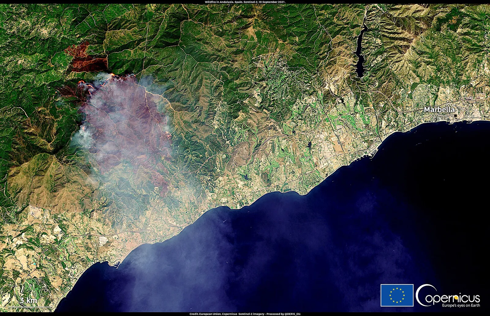 Satellitenaufnahme eines Waldbrands in Andalusien (Archivbild, 2021)